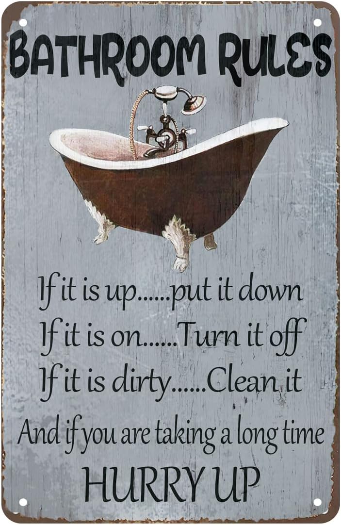Home Bathroom Rules - Zabawny metalowy szyld z zasadami dla