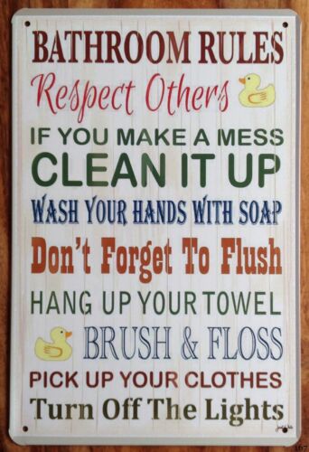 Home Bathroom Rules - METALOWA TABLICZKA Z NADRUKIEM ZASADY ŁAZIENKOWEJ,