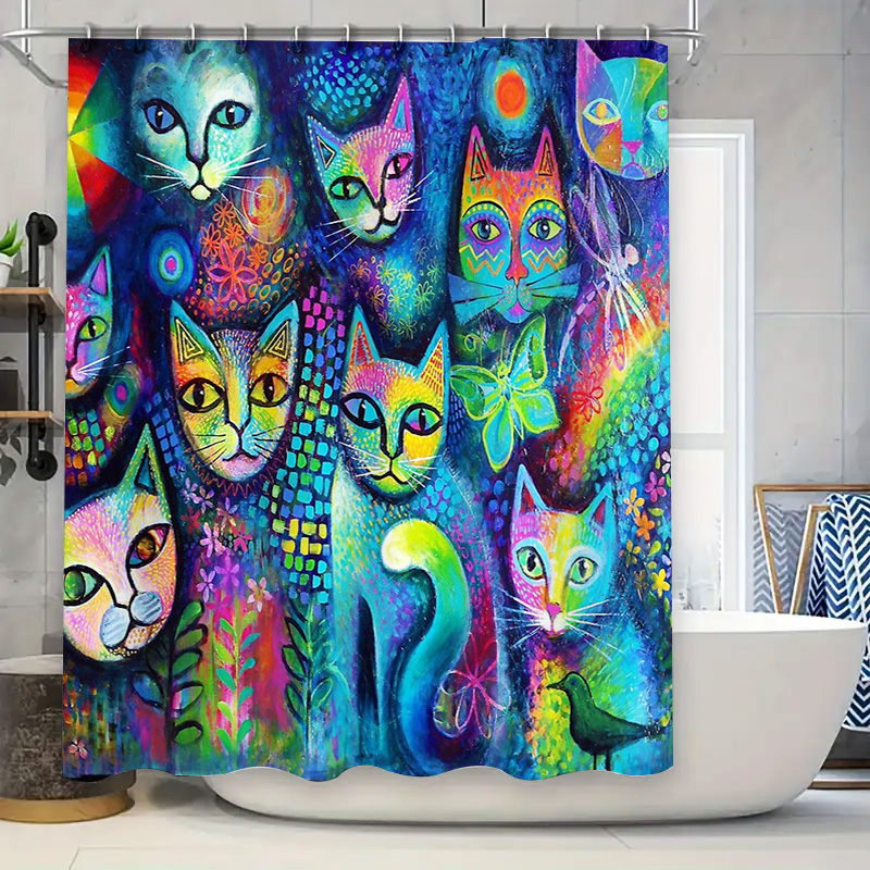 Home Decor Bathroom Ideas - Zasłona prysznicowa z kotami, artystyczny wystrój