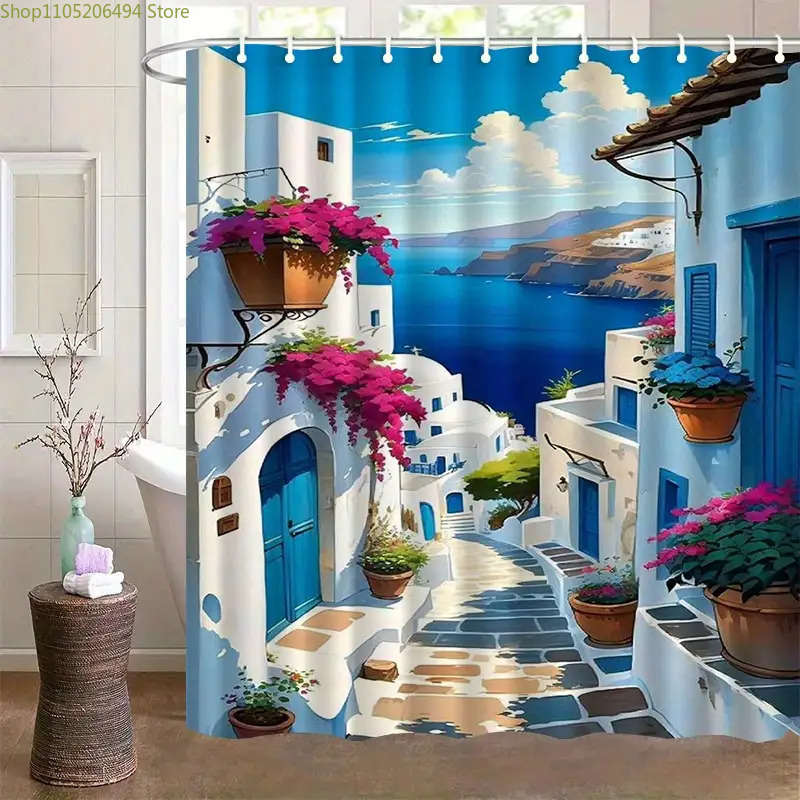 Home Decor Bathroom Ideas - Zasłona prysznicowa Santorini, grecka wyspa, niebiesko-biały